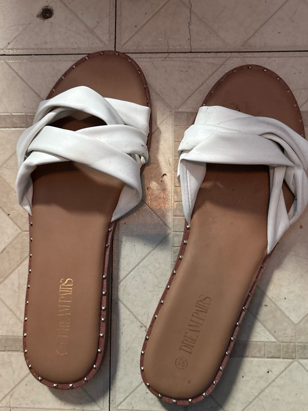 Dream Pairs White Knotted Slide Sandals with Stud Trim